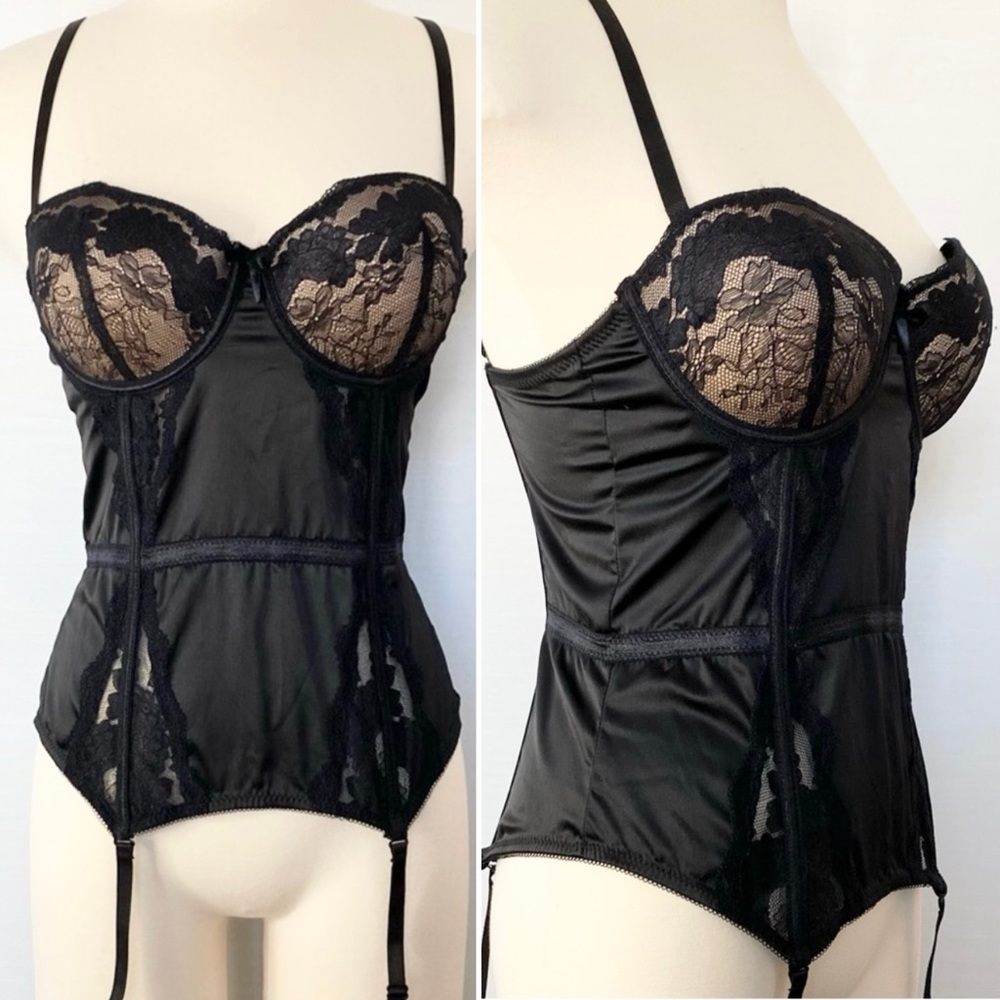 Frederick’s of Hollywood Satin Black Stretch Lace Corset Bustier Camisole M 🔥
